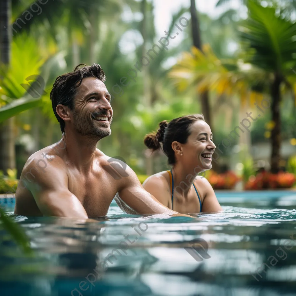 Couple practicing water aerobics in a tropical resort pool - Image 3