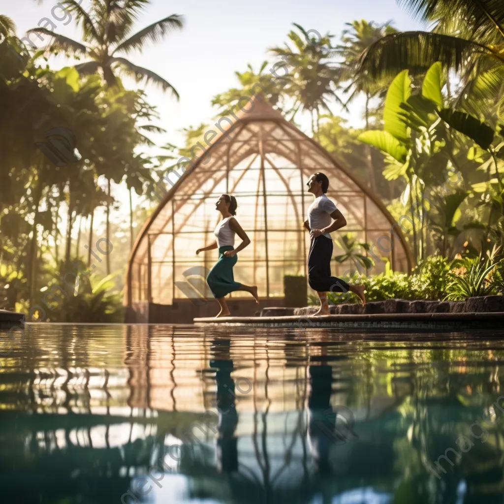 Couple practicing water aerobics in a tropical resort pool - Image 4