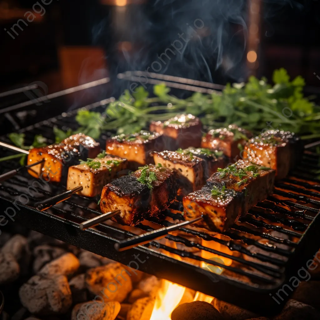 Marinated tofu skewers grilling with herbs at a backyard BBQ - Image 1