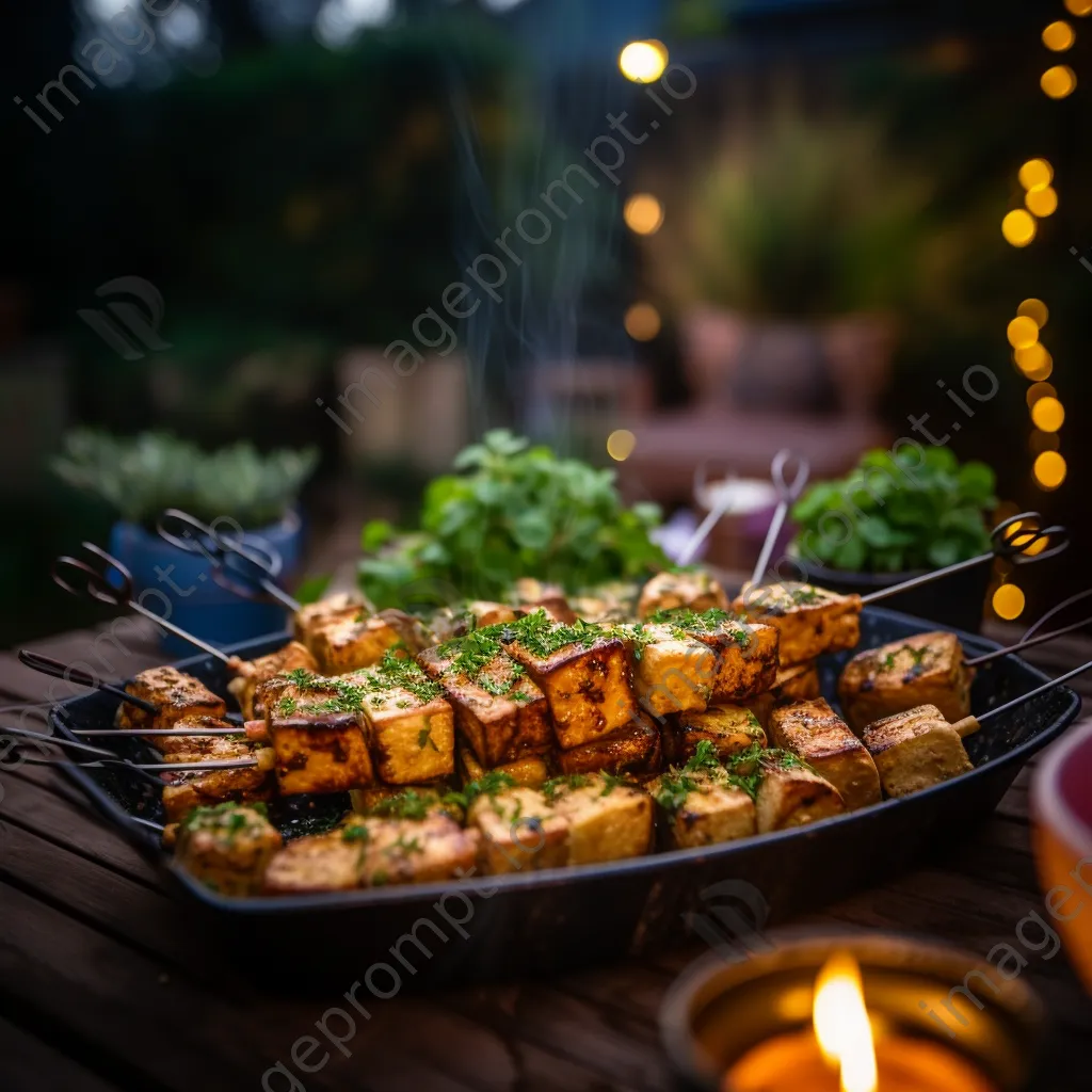 Marinated tofu skewers grilling with herbs at a backyard BBQ - Image 3