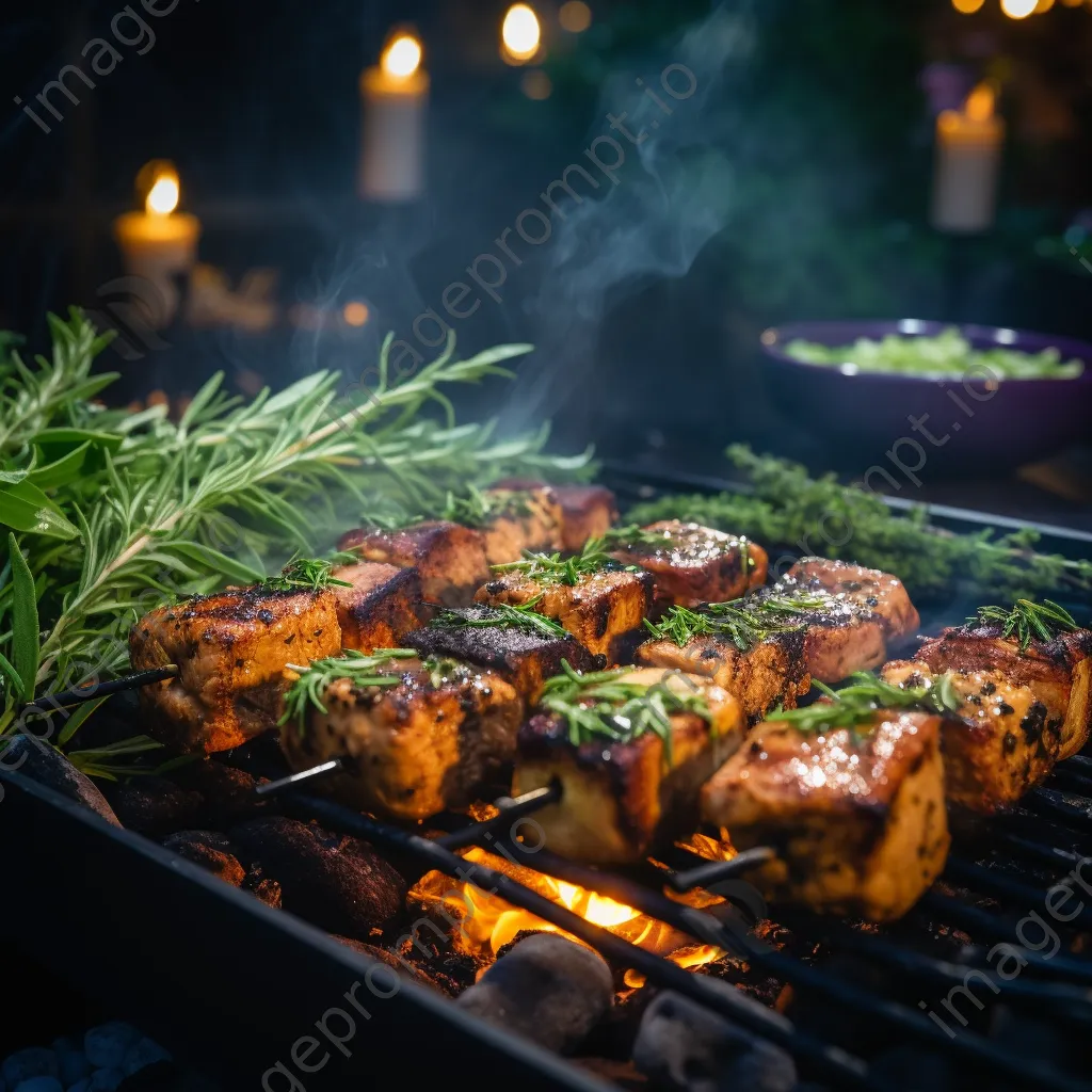 Marinated tofu skewers grilling with herbs at a backyard BBQ - Image 4