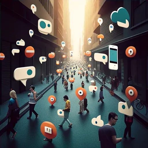 Image of a busy street filled with people looking at their phones, with social media icons floating around them - Image 4