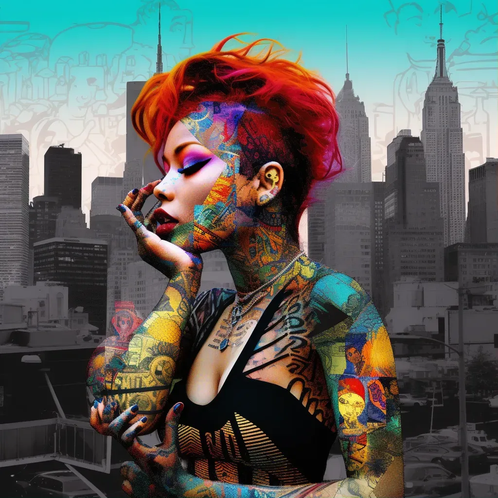 Woman with colorful tattoos posing in a cityscape - Image 1