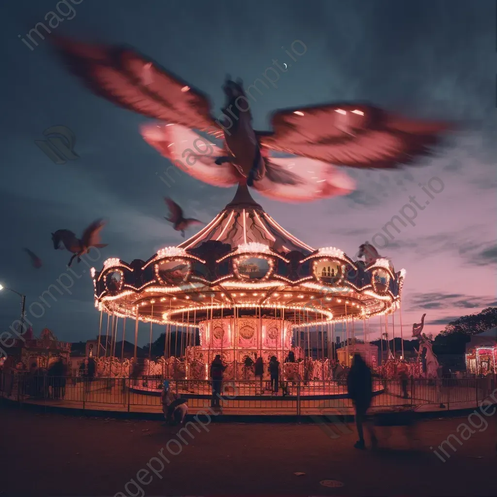 Surreal carnival at dusk with winged horses and giant moon - Image 1