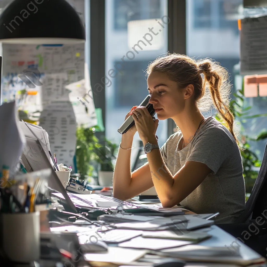 An office worker multitasking with phone and laptop in a bright office. - Image 2