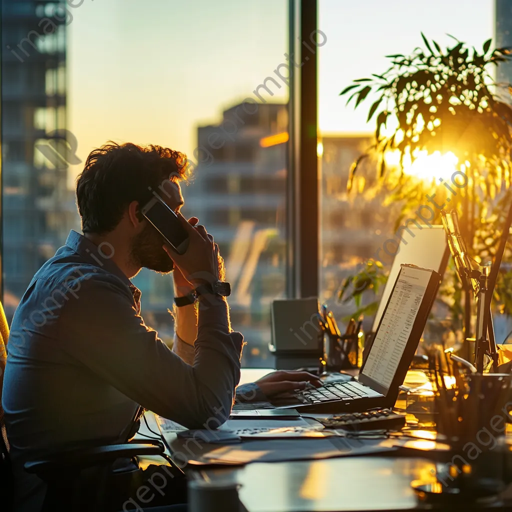 An office worker multitasking with phone and laptop in a bright office. - Image 3