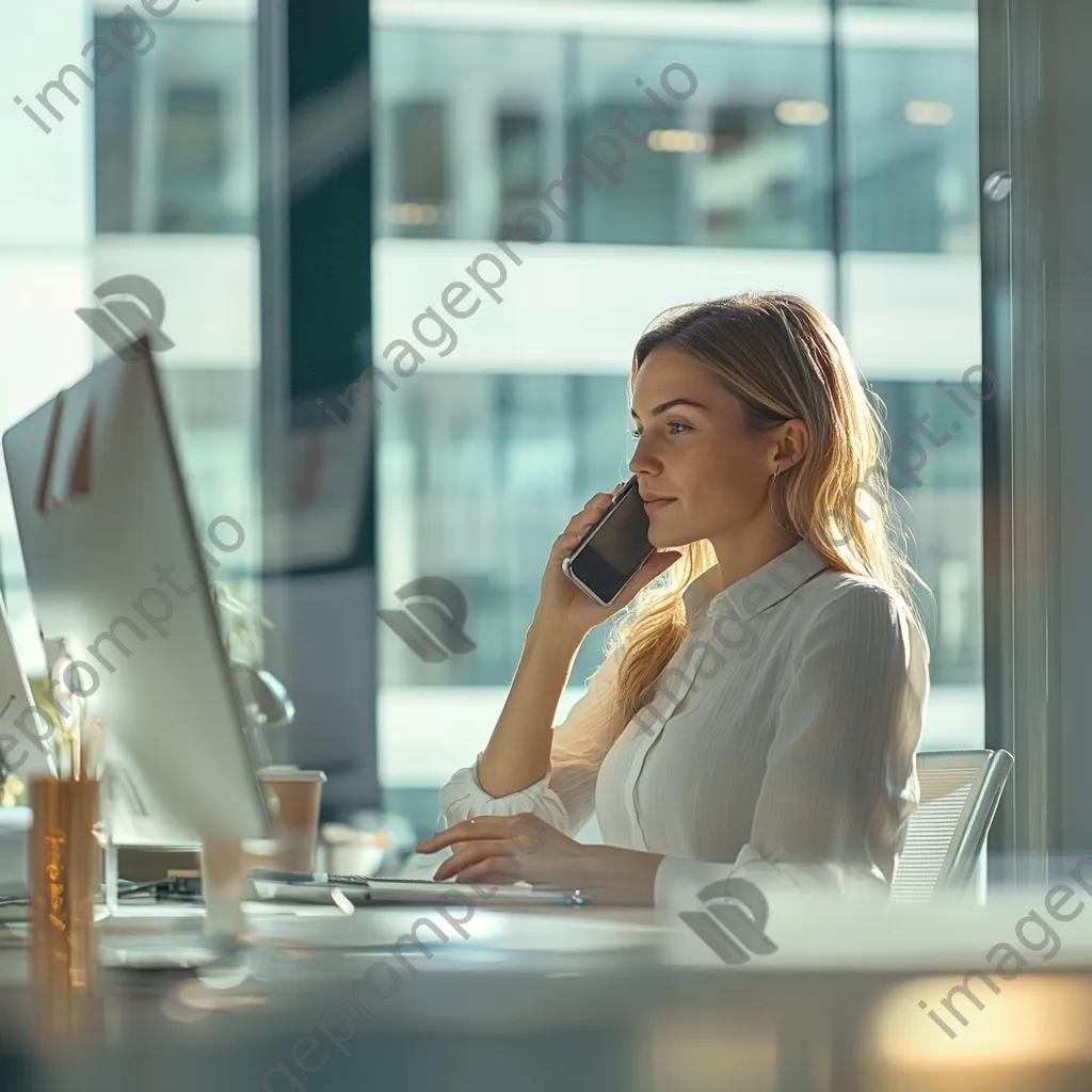 An office worker multitasking with phone and laptop in a bright office. - Image 4