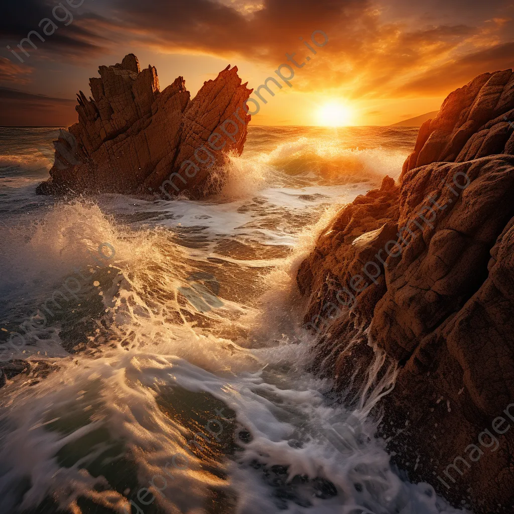 Dramatic sunset ocean waves illuminated with golden light crashing against rugged rocks. - Image 1