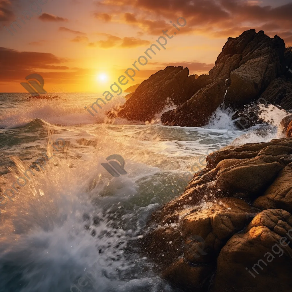 Dramatic sunset ocean waves illuminated with golden light crashing against rugged rocks. - Image 2