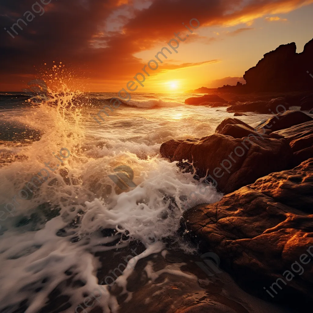 Dramatic sunset ocean waves illuminated with golden light crashing against rugged rocks. - Image 3