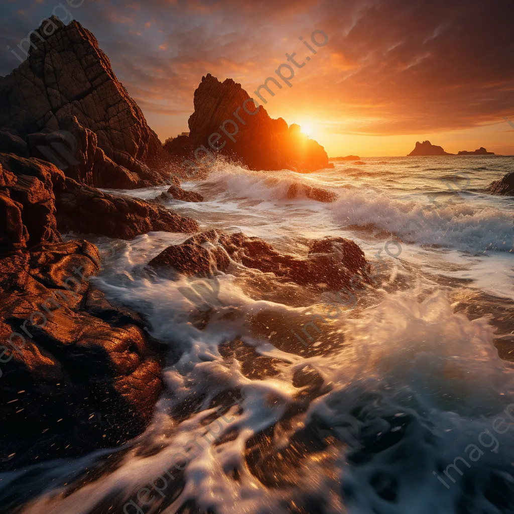 Dramatic sunset ocean waves illuminated with golden light crashing against rugged rocks. - Image 4