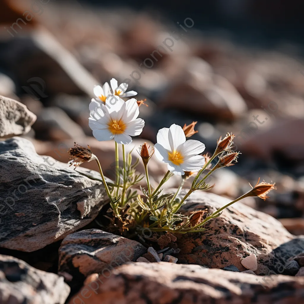 Delicate desert flowers growing among rugged rock formations - Image 1