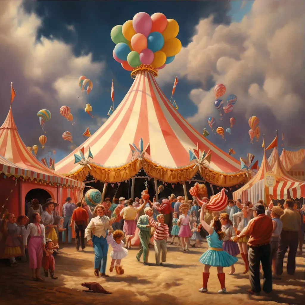 Colorful circus performers entertaining a crowd under a big top with cotton candy vendor - Image 3