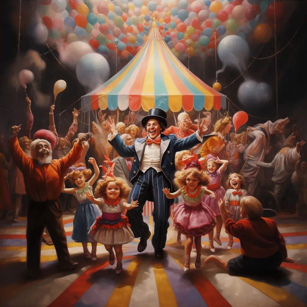 Colorful circus performers entertaining a crowd under a big top with cotton candy vendor - Image 4