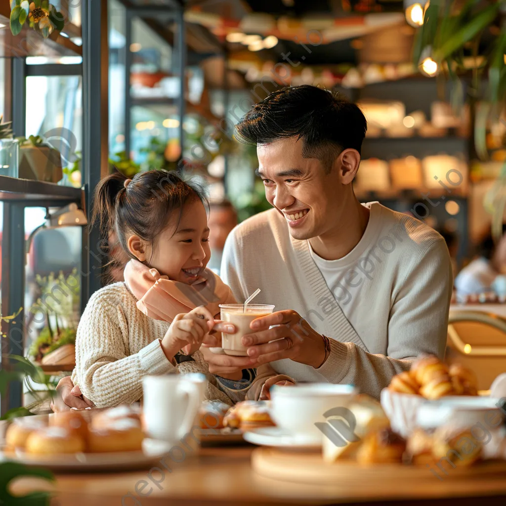 A family sharing pastries and drinks in a bright and cheerful café. - Image 1