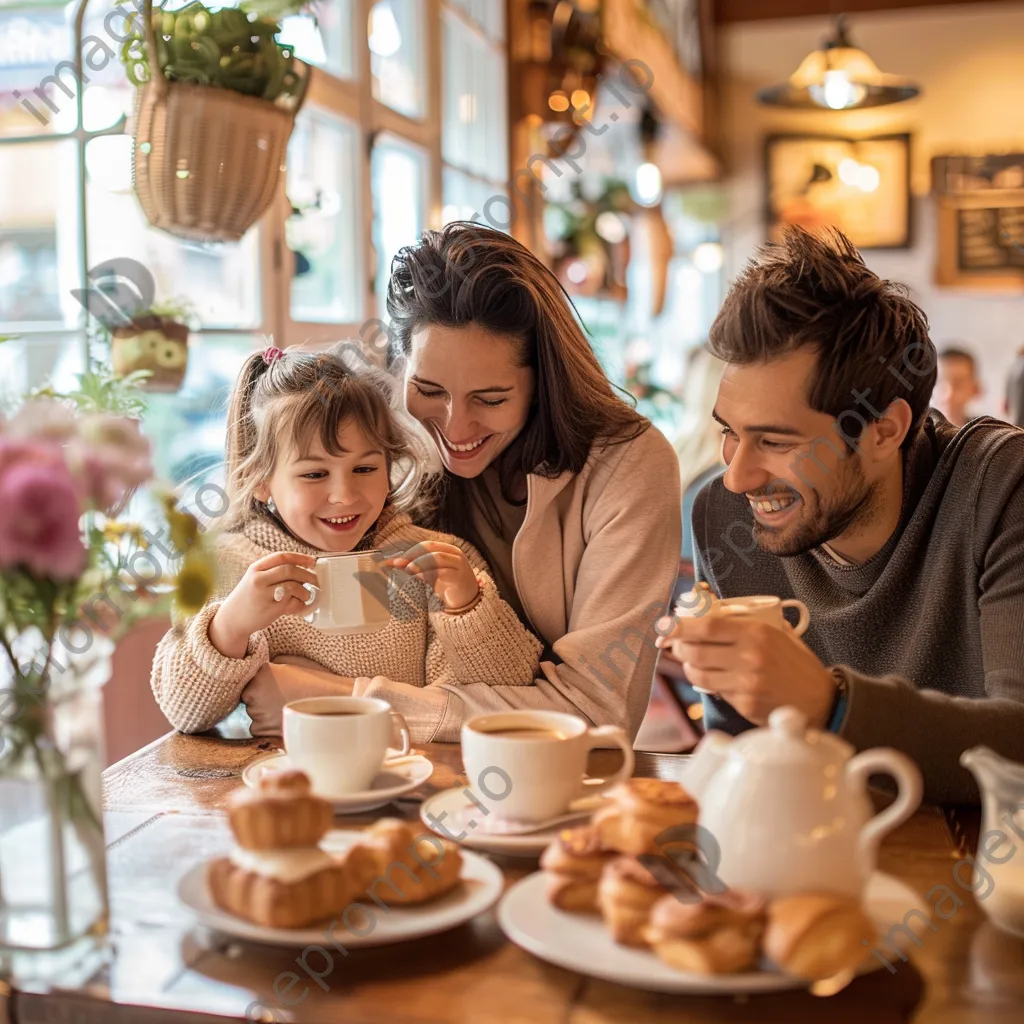 A family sharing pastries and drinks in a bright and cheerful café. - Image 2