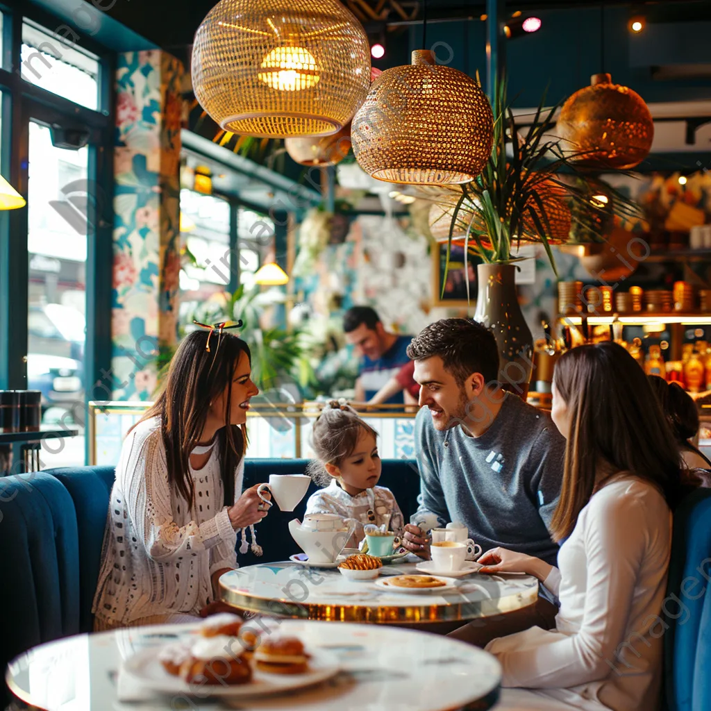 A family sharing pastries and drinks in a bright and cheerful café. - Image 4