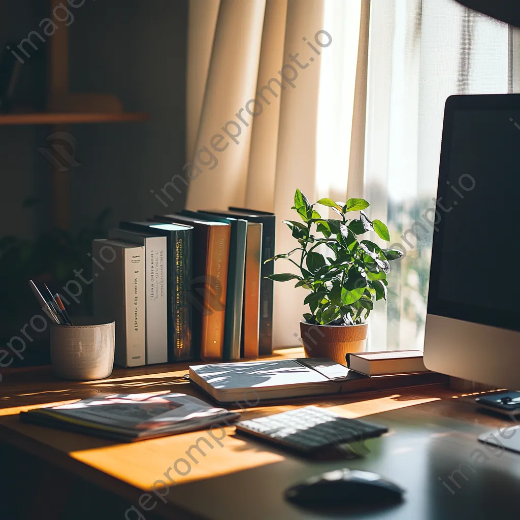 Inspiring desk setup with computer, books, and plant in bright sunlight. - Image 1