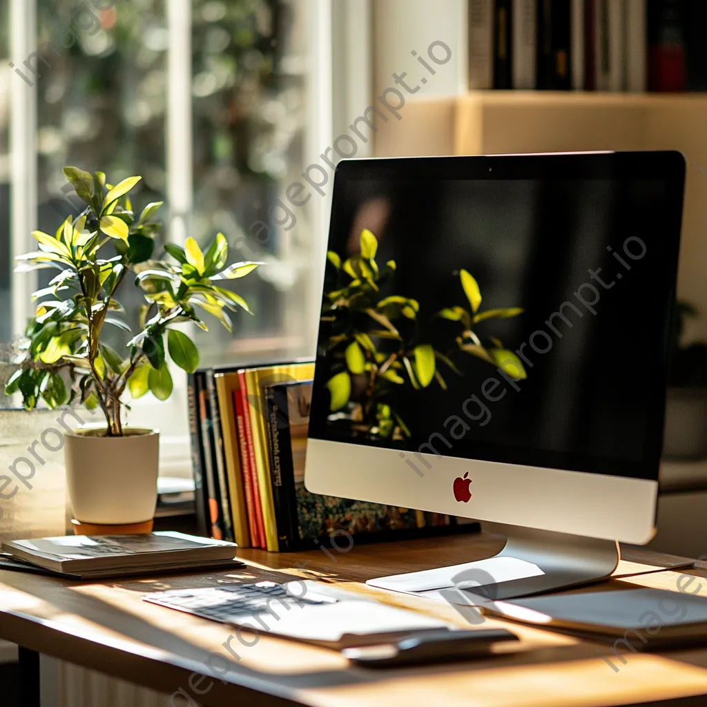 Inspiring desk setup with computer, books, and plant in bright sunlight. - Image 2