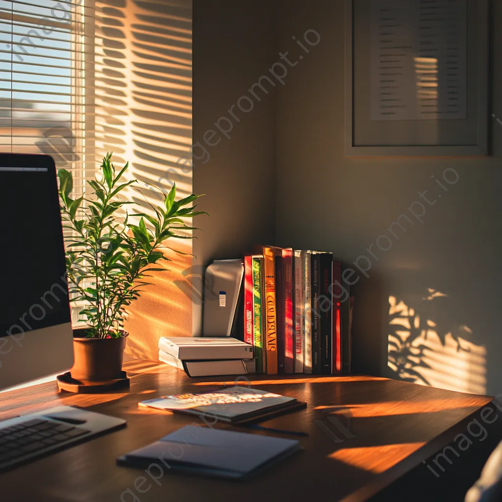 Inspiring desk setup with computer, books, and plant in bright sunlight. - Image 3