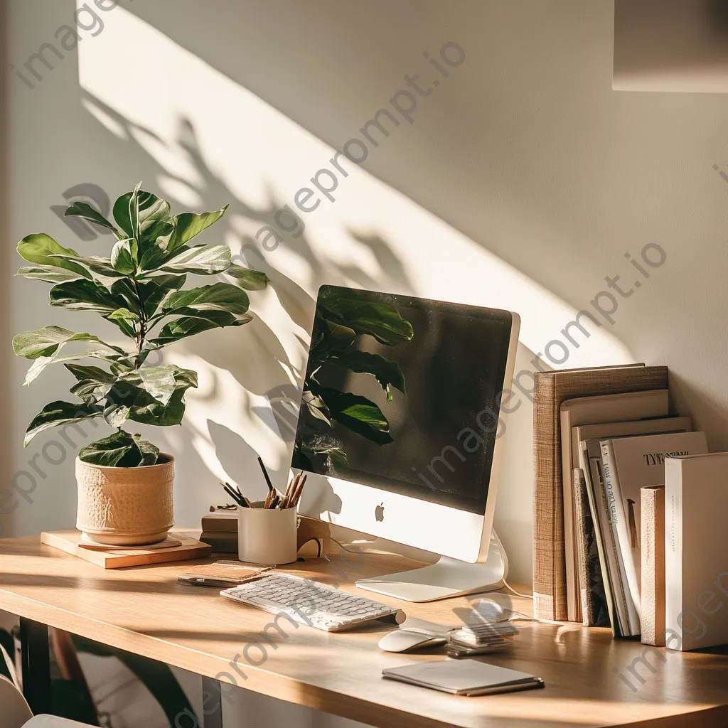 Inspiring desk setup with computer, books, and plant in bright sunlight. - Image 4