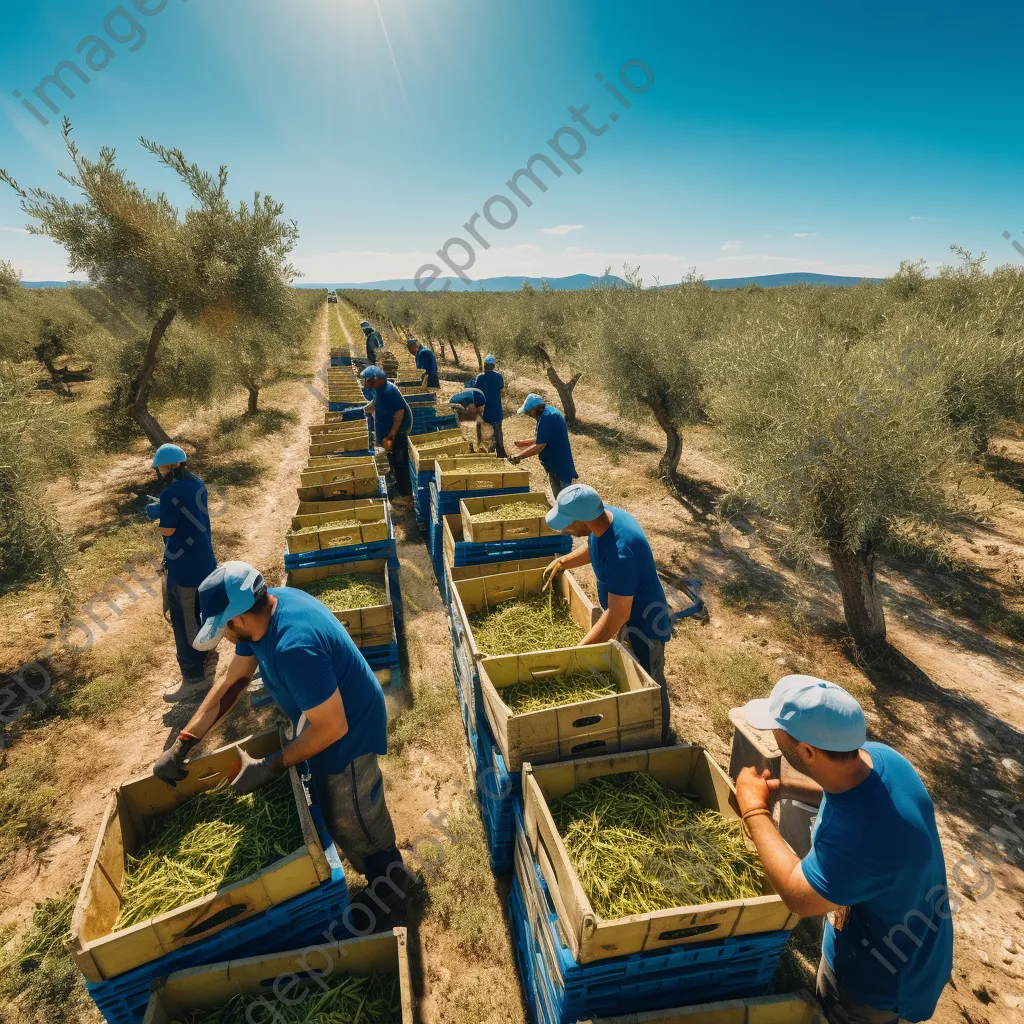 Aerial shot of workers harvesting olives in a picturesque olive grove. - Image 1