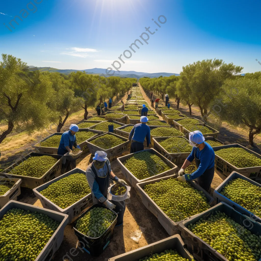 Aerial shot of workers harvesting olives in a picturesque olive grove. - Image 2