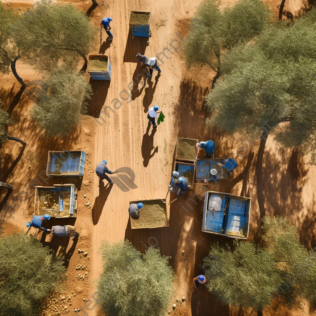 Aerial shot of workers harvesting olives in a picturesque olive grove. - Image 3