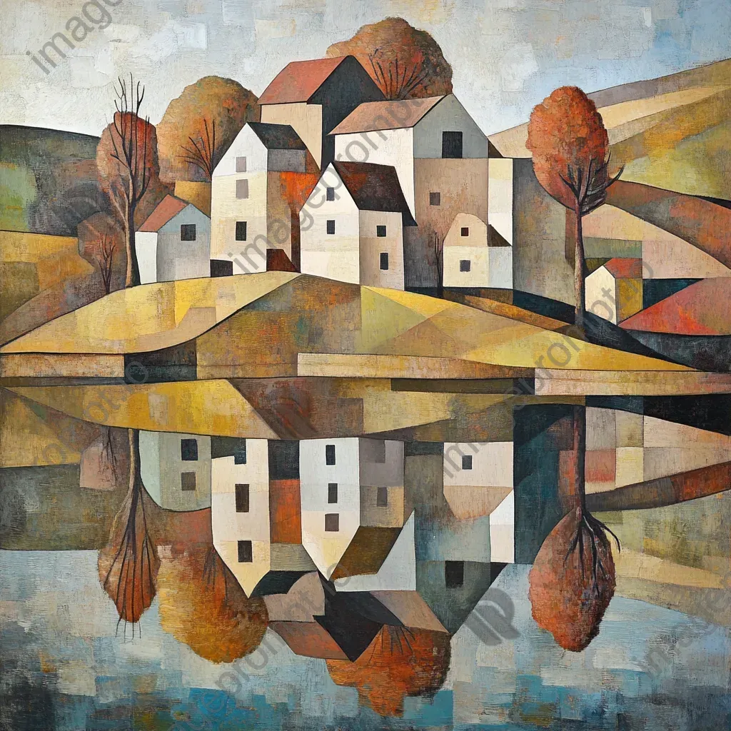 A cubist rendering of a rural hamlet during a vibrant autumn season, with reflections in a pond - Image 1