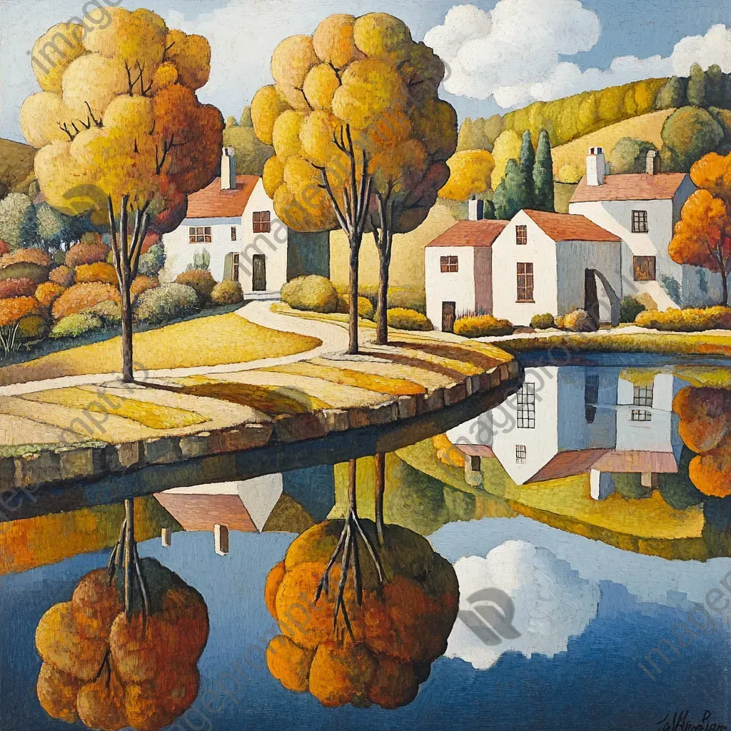 A cubist rendering of a rural hamlet during a vibrant autumn season, with reflections in a pond - Image 2