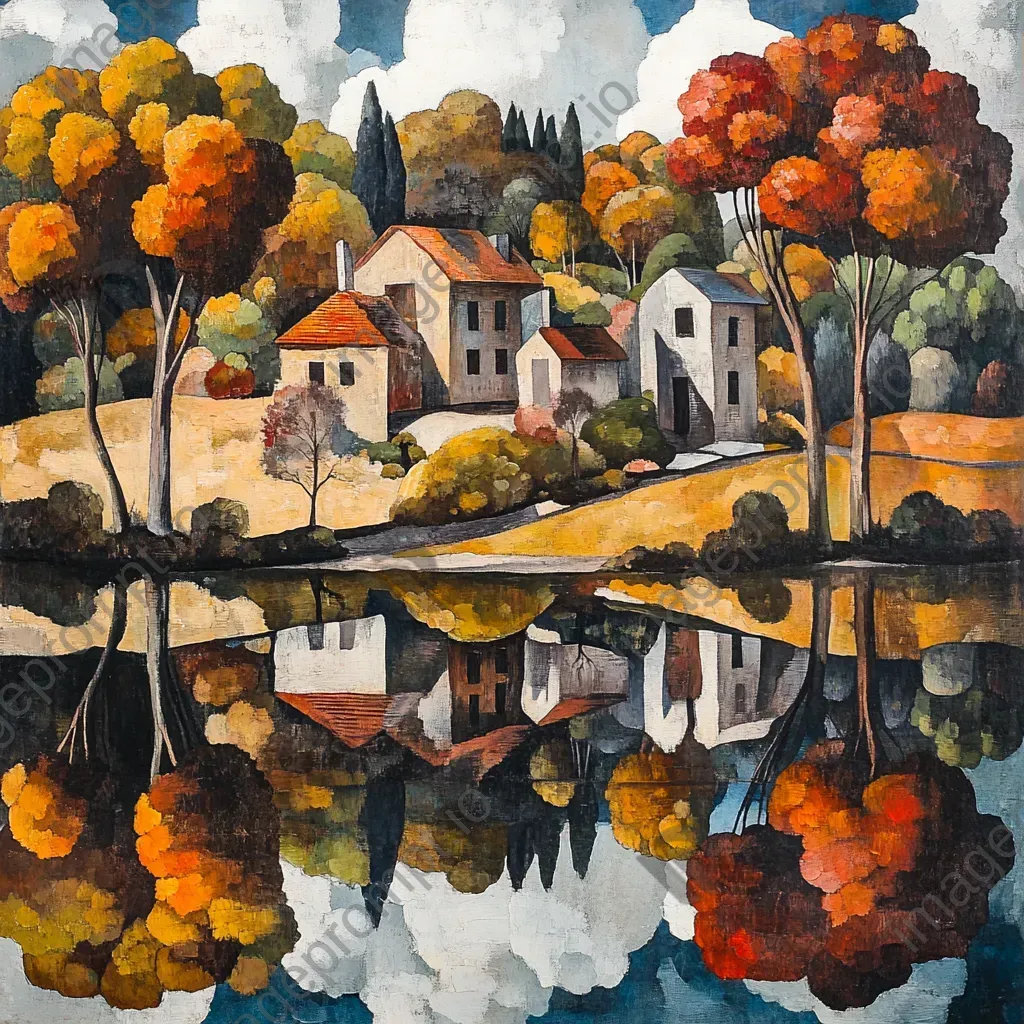 A cubist rendering of a rural hamlet during a vibrant autumn season, with reflections in a pond - Image 3