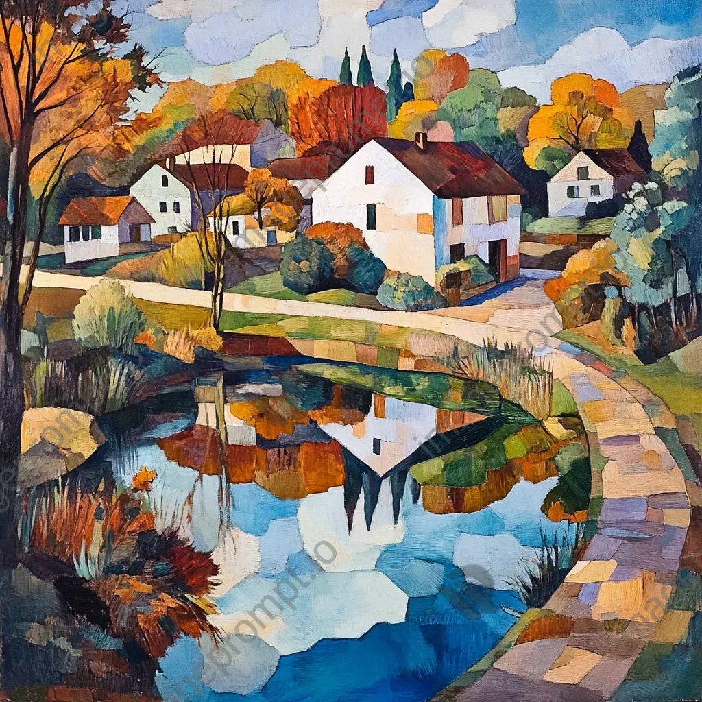 A cubist rendering of a rural hamlet during a vibrant autumn season, with reflections in a pond - Image 4