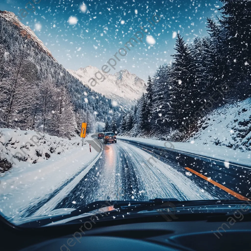 Family car traveling in snowy mountains - Image 1