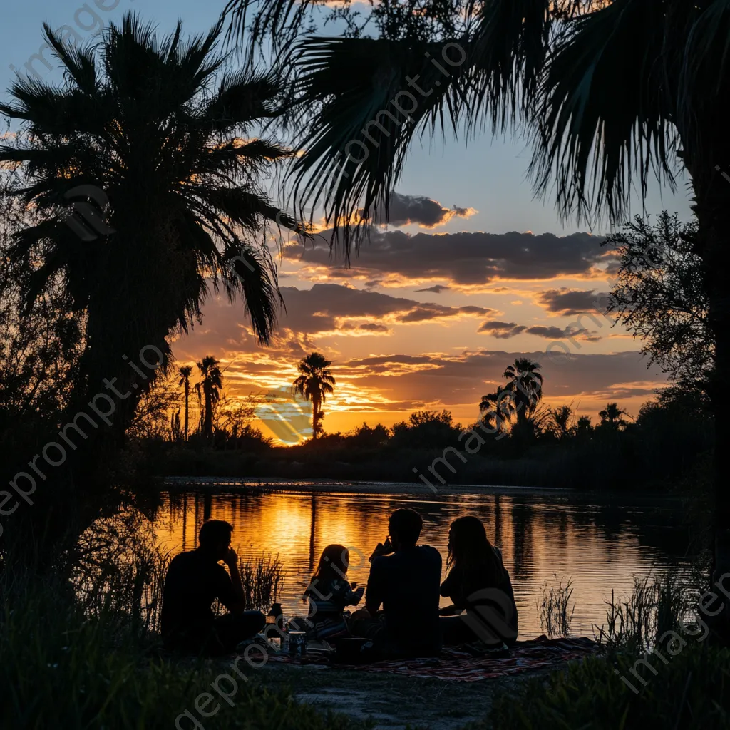 Family picnic by the oasis at sunset - Image 1