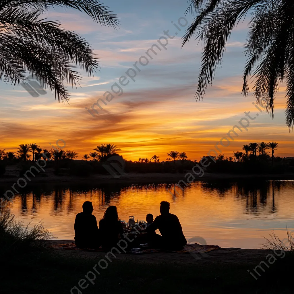 Family picnic by the oasis at sunset - Image 3