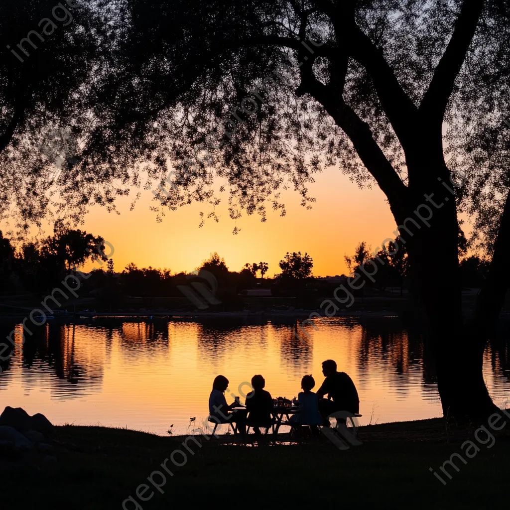 Family picnic by the oasis at sunset - Image 4