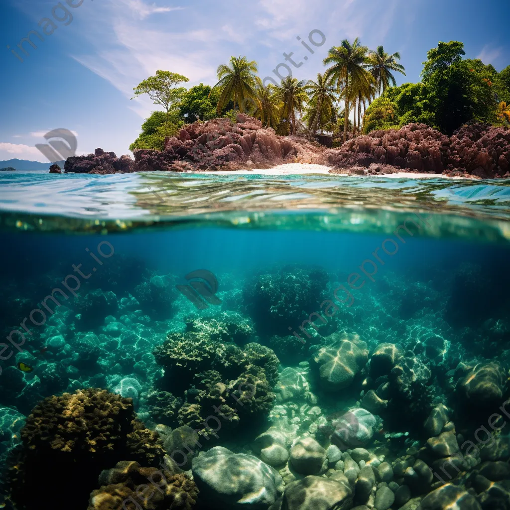 Coral reefs beneath clear waters of a tropical island - Image 1