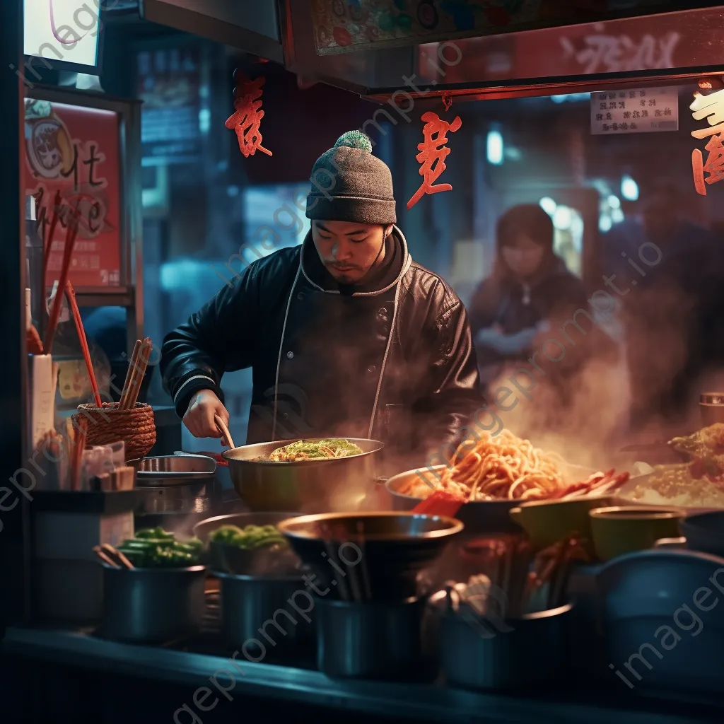 Street chef serving hot bowls of ramen at a night food stall. - Image 1