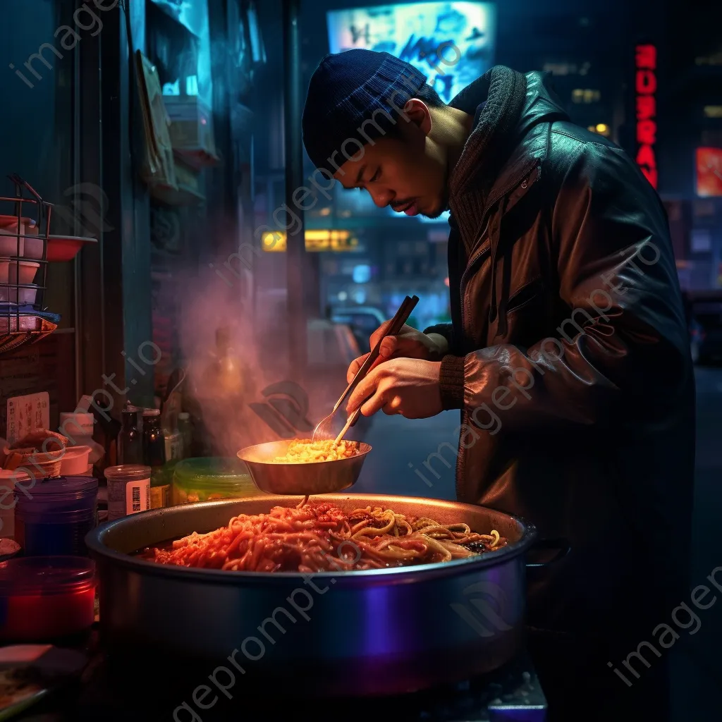 Street chef serving hot bowls of ramen at a night food stall. - Image 3