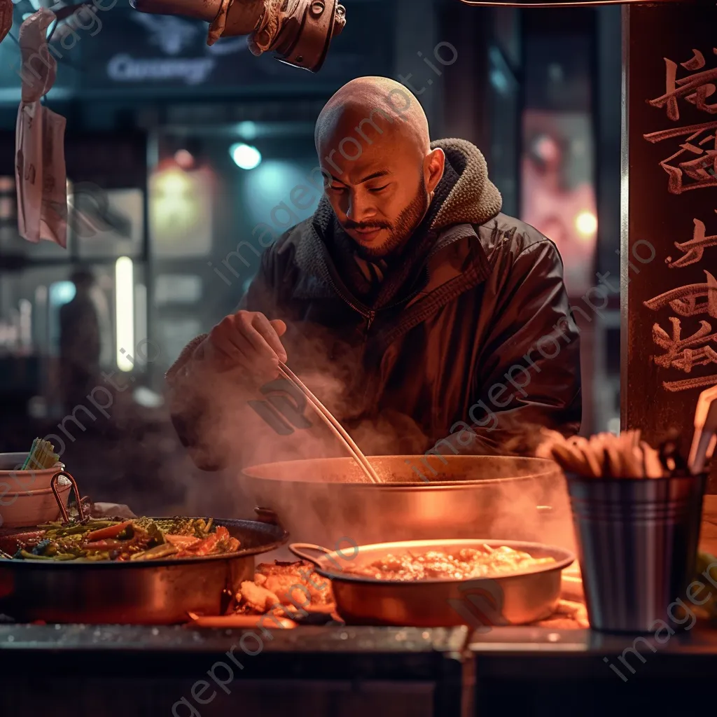 Street chef serving hot bowls of ramen at a night food stall. - Image 4