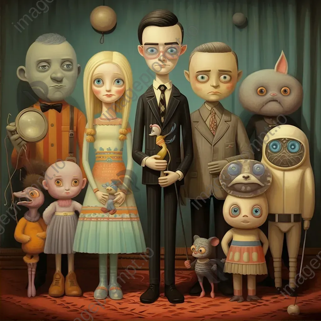 Whimsical pop surrealism depiction of a TV show reunion with characters aged in real-time - Image 2