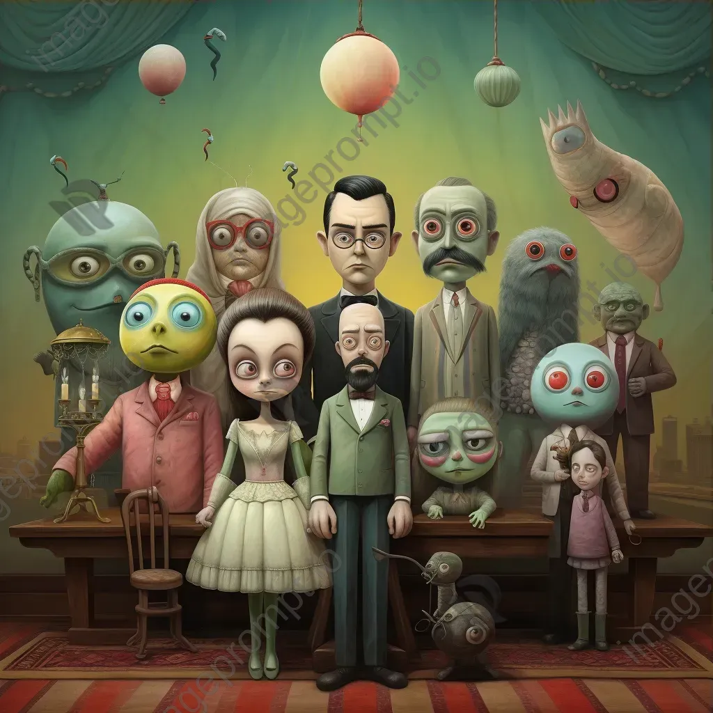 Whimsical pop surrealism depiction of a TV show reunion with characters aged in real-time - Image 3