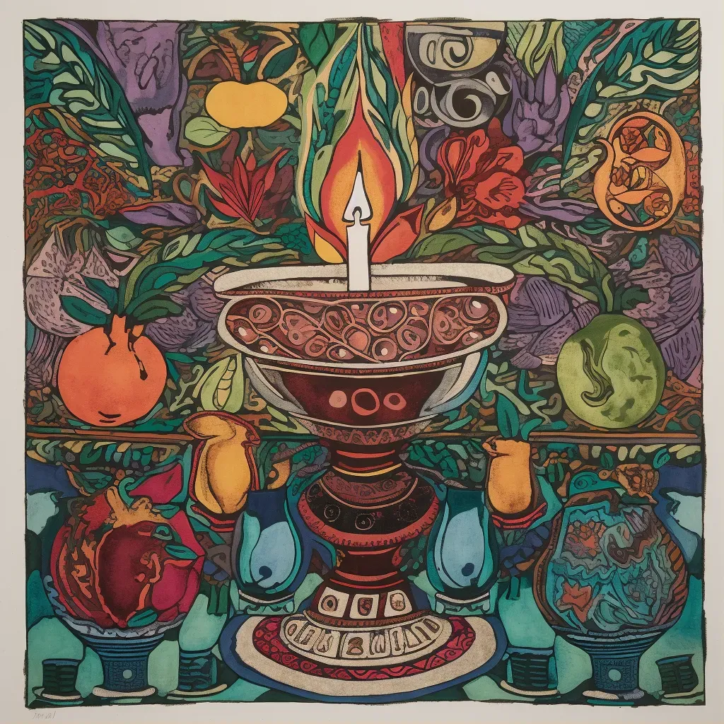 Image of a Kwanzaa celebration with a kinara, unity cup, and fruits on a vibrant mat - Image 1