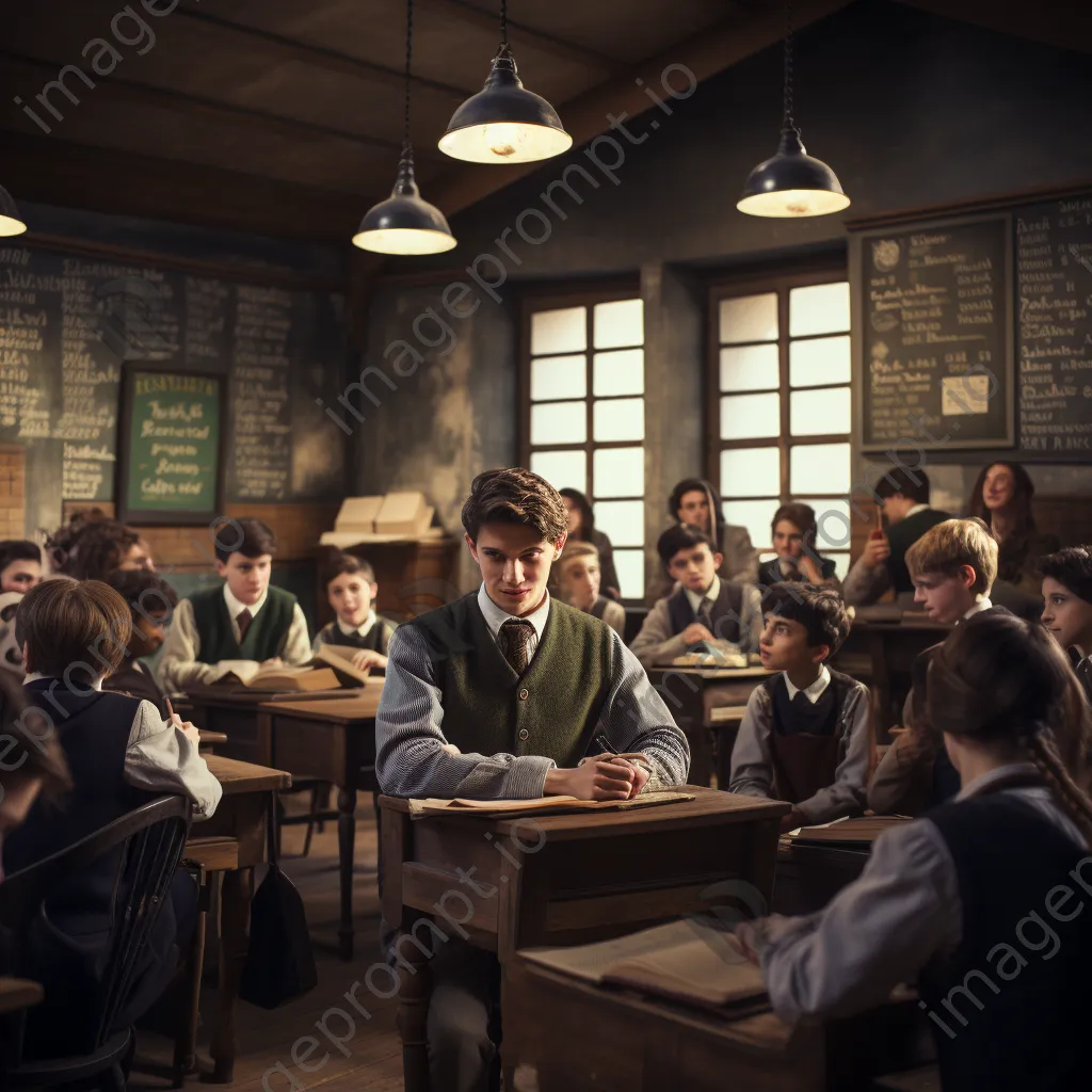 Students engaged in a discussion in a traditional classroom during a history lesson. - Image 1