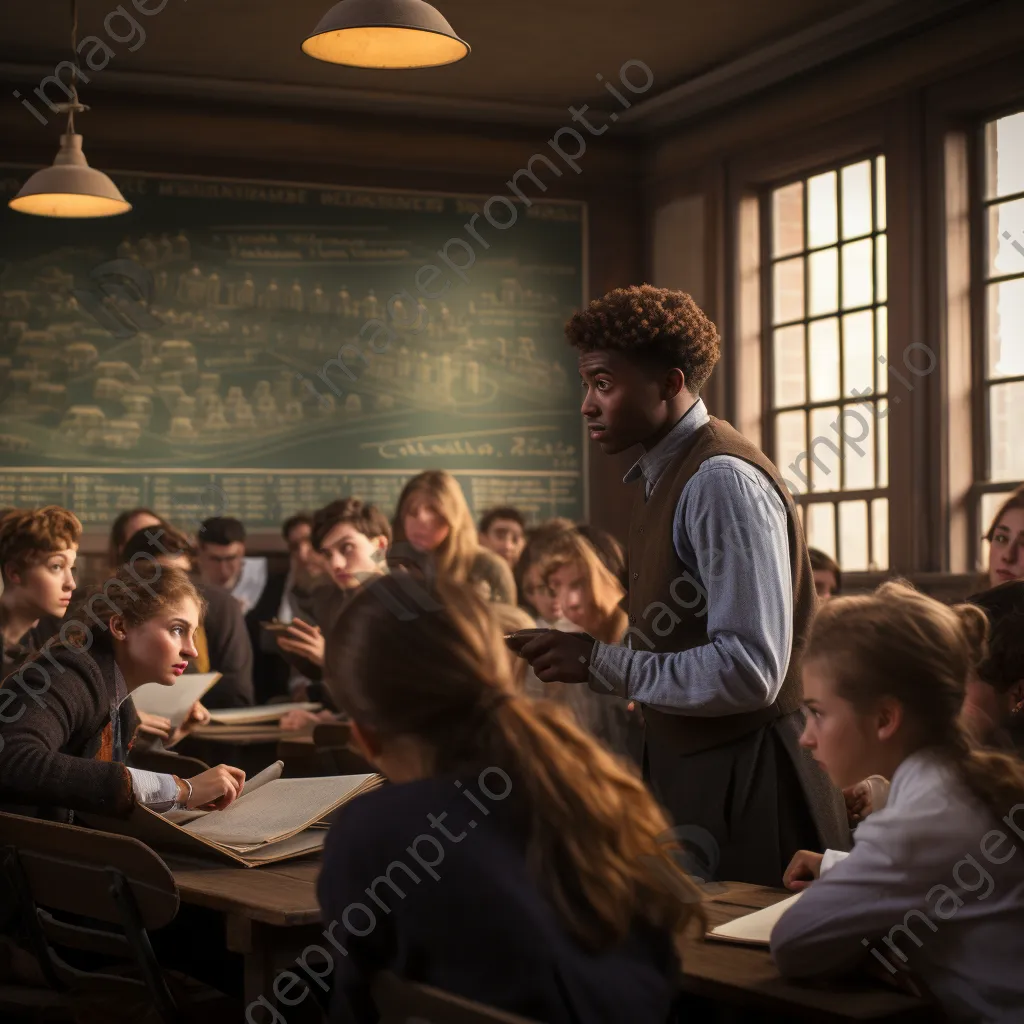 Students engaged in a discussion in a traditional classroom during a history lesson. - Image 2