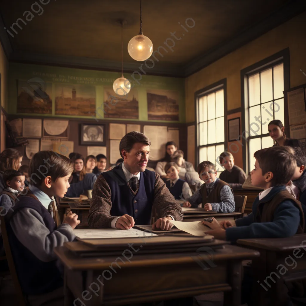 Students engaged in a discussion in a traditional classroom during a history lesson. - Image 3