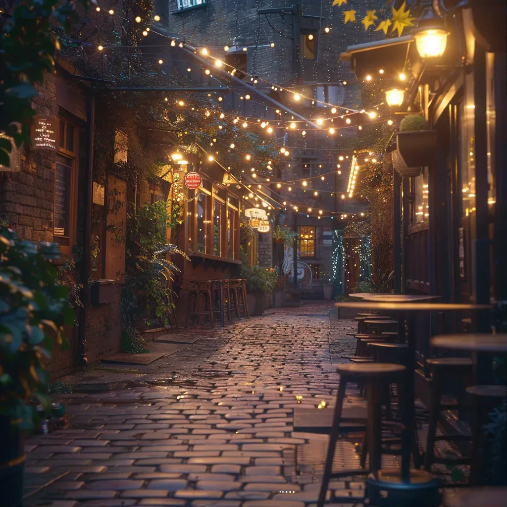 Welcoming pub alleyway with bars, string lights, and cobblestone paths at night - Image 1