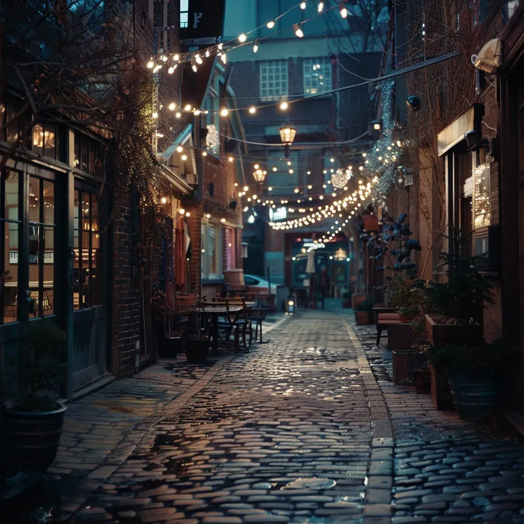 Welcoming pub alleyway with bars, string lights, and cobblestone paths at night - Image 2