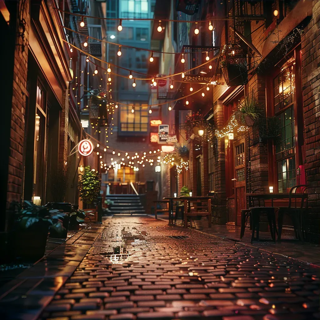 Welcoming pub alleyway with bars, string lights, and cobblestone paths at night - Image 3