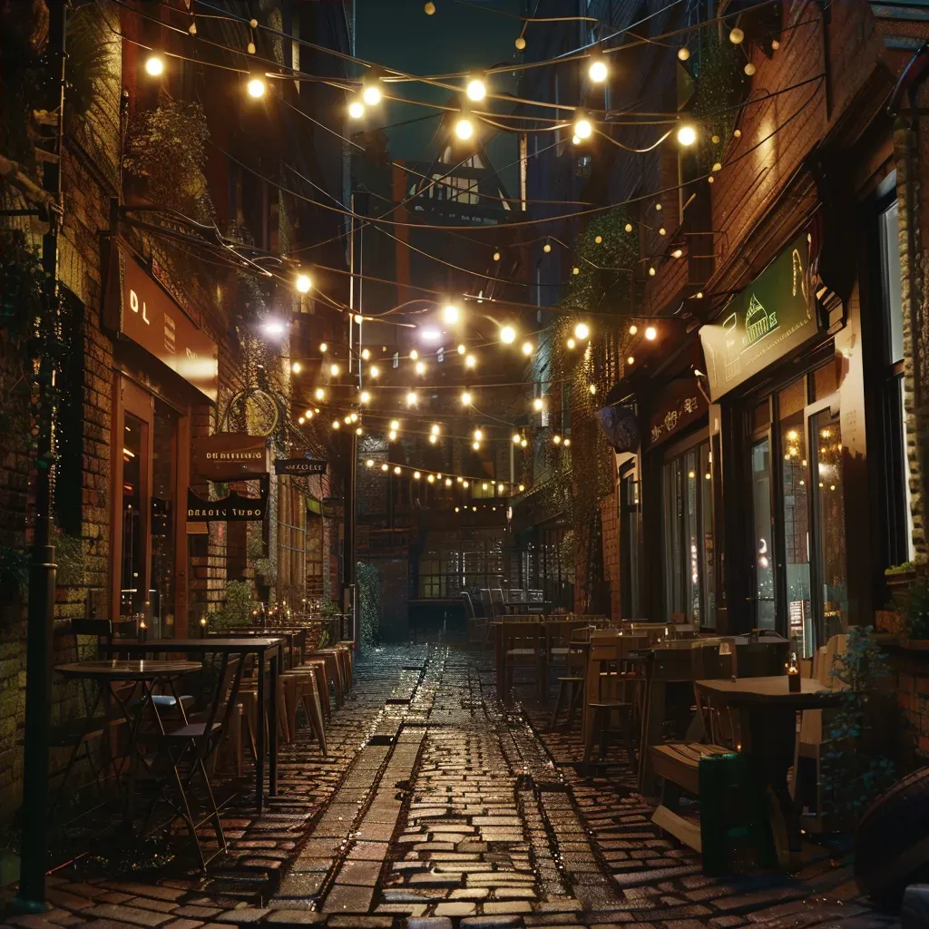 Welcoming pub alleyway with bars, string lights, and cobblestone paths at night - Image 4